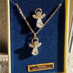 Vintage Genuine Austrian Crystal Angel Pendant Necklace Double Drop Gold Tone